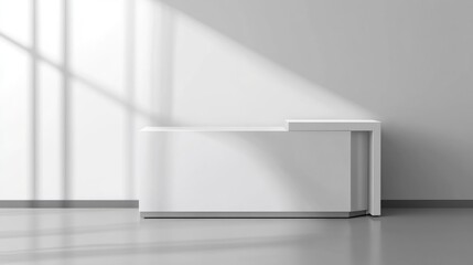 Fototapeta premium Minimalist white reception desk, sunlit room, modern interior, product display