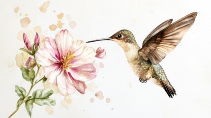 Fototapeta premium Hummingbird Approaching Pink Blossom with Delicate Watercolor Style