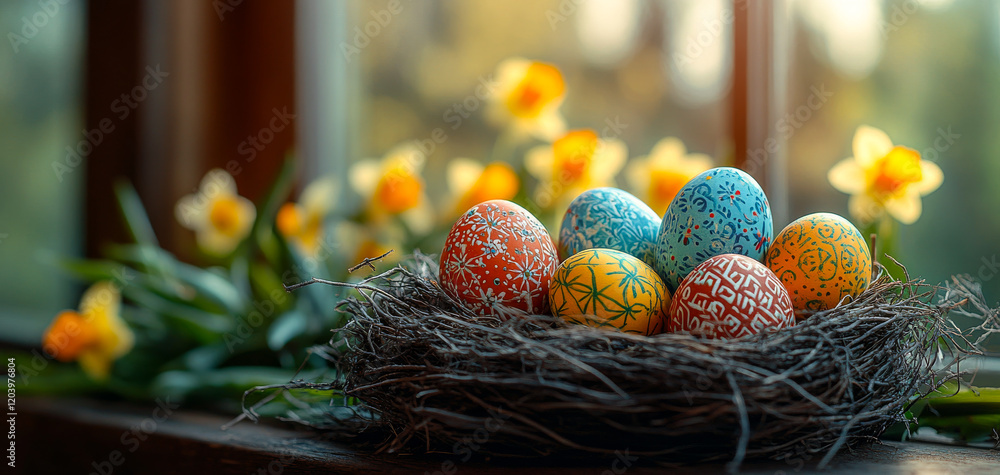 Poster a nest of eggs with a basket of flowers in the background. the eggs are decorated with different col
