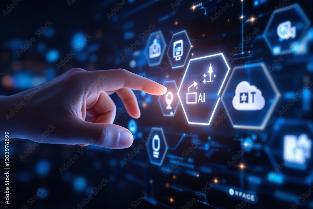 Aufkleber hand interacting with futuristic ai icons on digital interface background.
