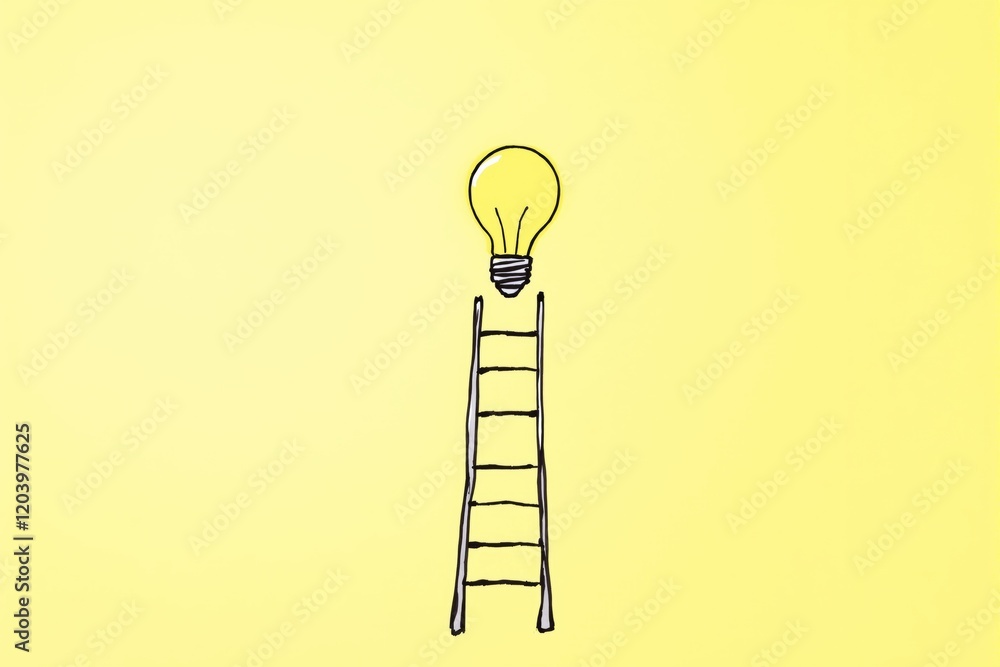 Poster ladder reaching towards a light bulb on a yellow background, symbolizing ideas and innovation.