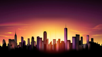 A Vibrant Vector Cityscape With Modern Skyscrapers And Urban Buildings, Silhouetted Against A Gradient Sunset Background.Trending Illustration 2025.