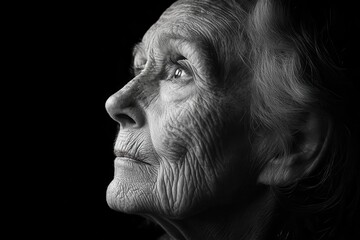 Obraz premium a weathered face of an elderly woman deep wrinkles telling stories of wisdom dramatic side lighting monochromatic portrait with intense detail and emotional depth