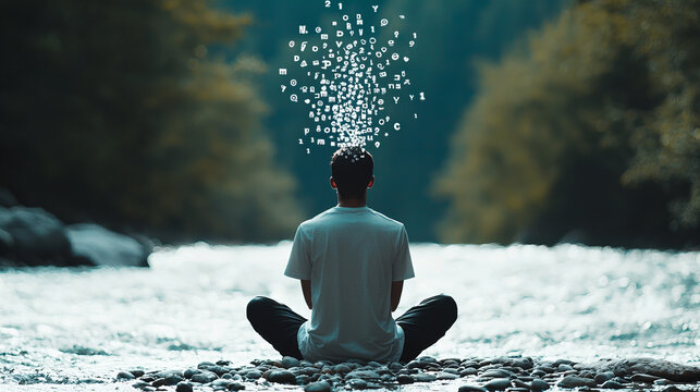 Man meditating by a river as letters float in the air, connecting mindfulness and creativity in nature