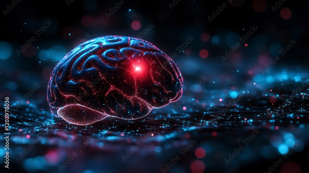 Poster illuminated 3d human brain model with neural network connections and glowing hotspot