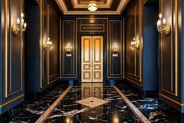  Elegant Foyer with Rich Decorative Elements Featuring Black Marble Floor Gold Accents and Ornate Light Fixtures