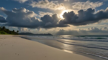 Fototapeta premium Serene beach scene with dramatic clouds and sunlight illuminating the shoreline.