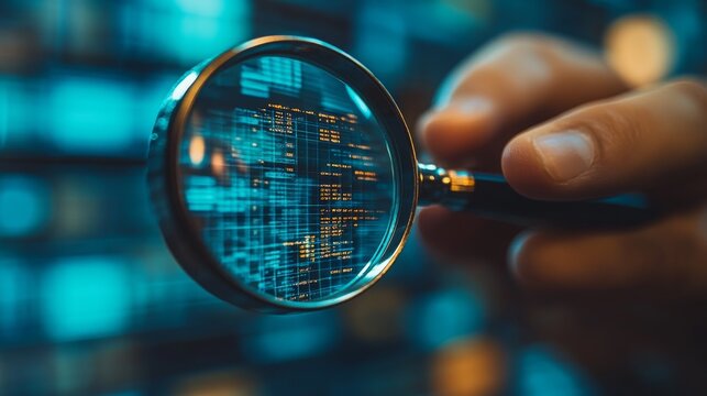 Close up of a hand holding a magnifying glass over a screen with code displaying data analysis and research exploration