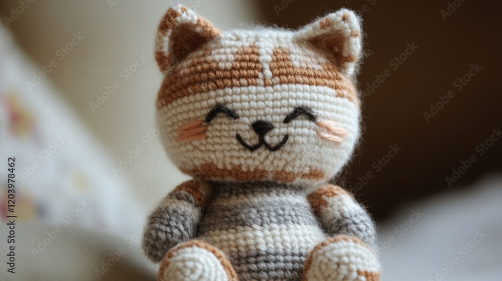 Poster Cute knitted cat toy with cheerful face and striped design displayed on a soft surface in cozy setting. Generative AI