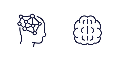 neurobiology, neuron connections line icons with head and brain