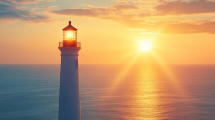 Majestic Lighthouse at Sunset Ocean View Coastal Scene Beacon of Hope Tranquil Seascape