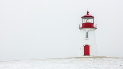 Scenic Winter Lighthouse on Snowy Hilltop Coastal Seascape Red and White Tower