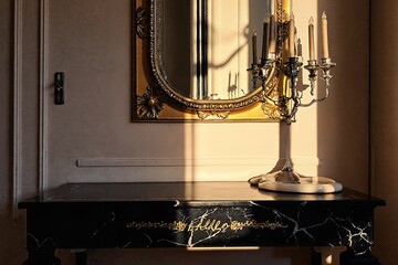  A beautifully decorated room featuring a mirror candelabra and table
