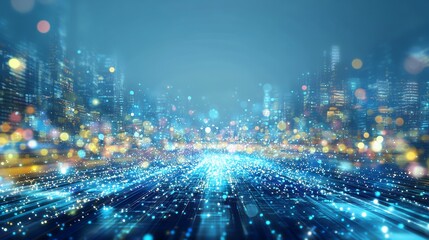 Fototapeta premium Futuristic Cityscape Digital Data Streams and Illuminated Buildings at Night