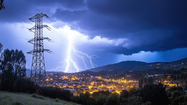 Lightning Strikes Near Power Tower Over Nighttime Village