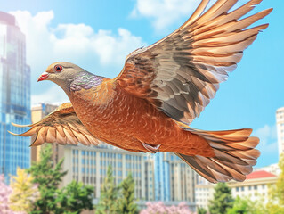 Petfluencer, pet idol, Stable financial and economic policies, bird flying gracefully over cityscape with vibrant colors