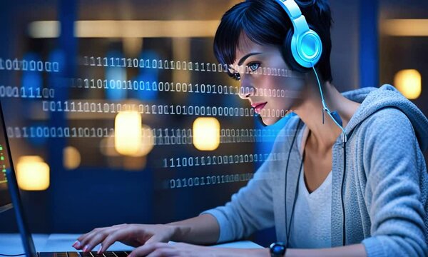 A woman with short hair, wearing headphones, coding late at night on her laptop. background glows cool blue hue, code and binary numbers subtly floating, 3D Cartoon style