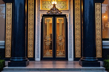  A grand entrance: A majestic black door with gold accents flanked by two imposing columns leading to a spacious foyer with a chandelier hanging from a high ceiling