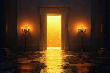  A majestic interior room with a striking doorway leading to an unknown destination