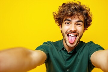 Cheerful young man making a silly face with tongue out, winking at the camera, vibrant yellow background.