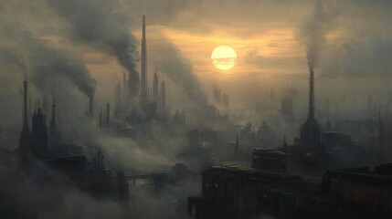 Obraz premium Industrial landscape at sunset with smoke, factories, and a smoggy environment