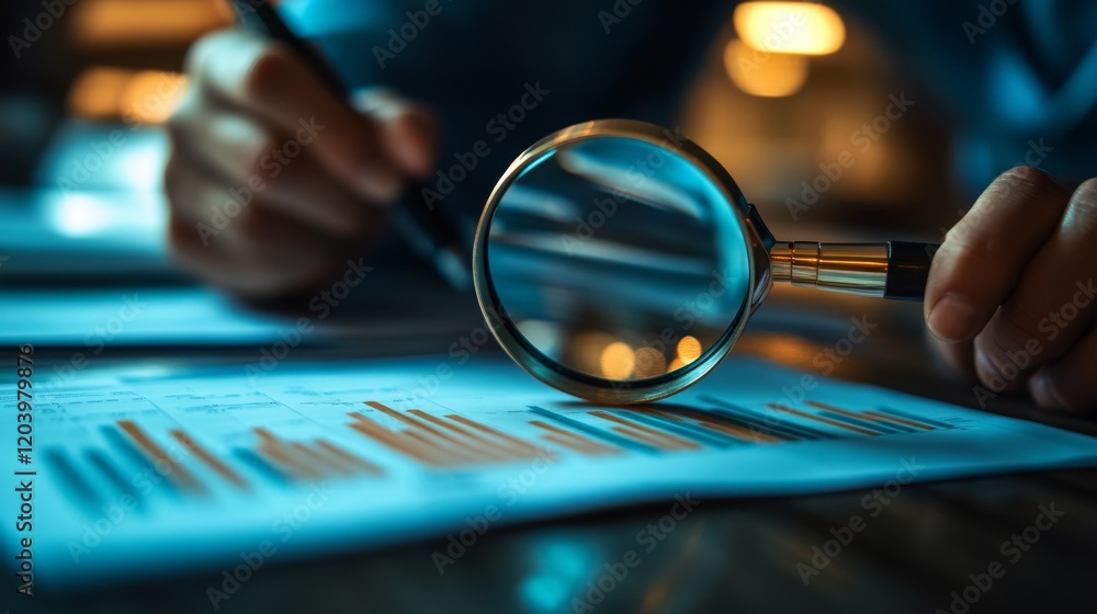 Poster deep dive analysis: financial report scrutiny with magnifying glass under low light setting