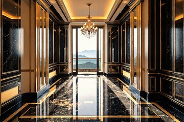  Luxurious Black and Gold Marble Hallway with Chandelier: A Masterpiece of Opulent Design