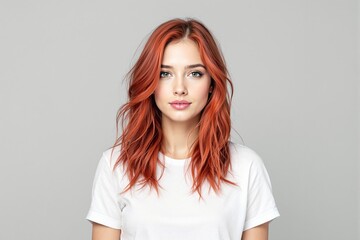 Obraz premium Portrait of a red-haired woman with soft waves and a white shirt.