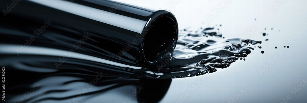 Fototapete Black liquid flowing from a pipe creates a striking visual contrast on a smooth surface. Generative AI