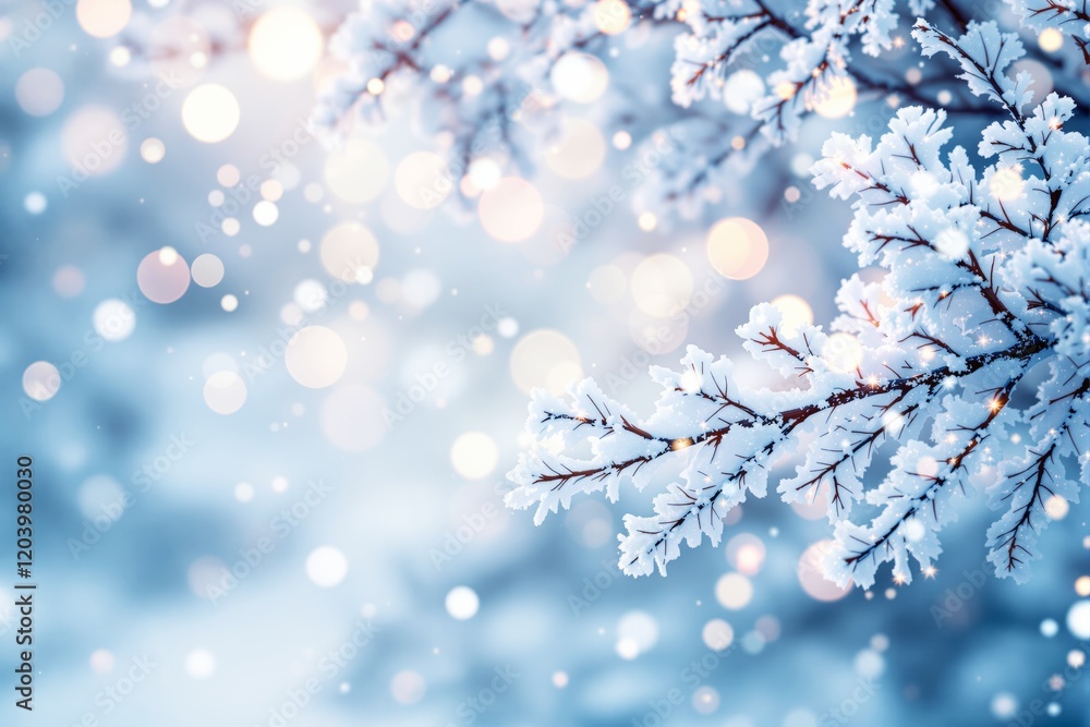 Poster snow-covered branches with glowing bokeh lights in wintry background.