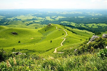 Naklejka premium Scenic green hills with a winding path under a bright sky.