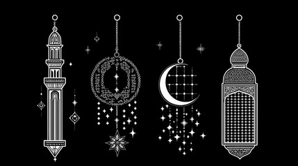 Fototapeta premium Ramadan, Islamic, Eid Mubarak, Moon, Lantern, Ornaments, Vector Icons