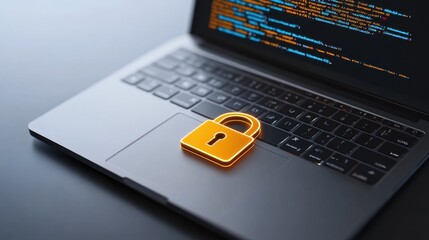 A laptop with a padlock symbolizing cybersecurity, featuring code on the screen, representing data protection and online security measures.