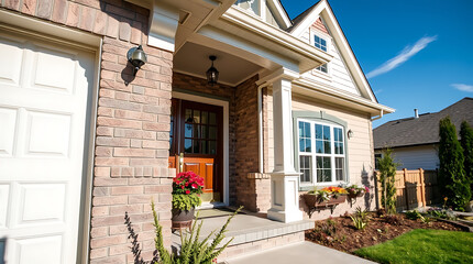 Obraz premium Dream House Exterior: Brick Facade, Landscaping, and Porch Design