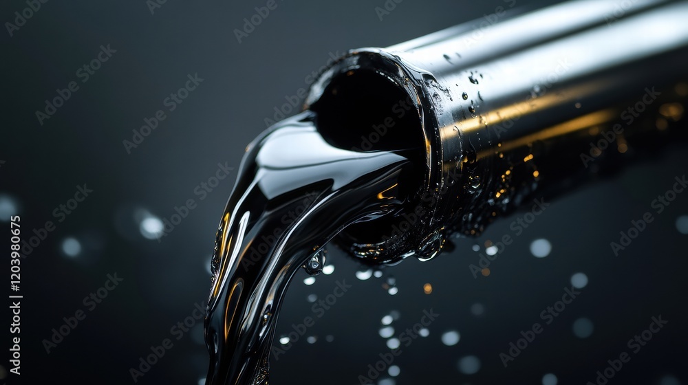 Poster black liquid flowing from a metallic pipe with droplets in a dark setting highlighting fluid dynamic