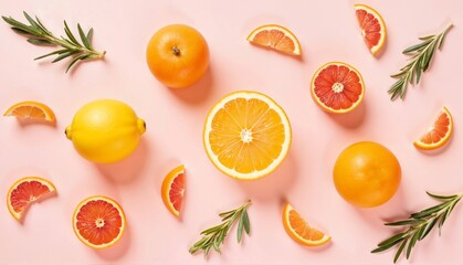 Naklejka premium Citrus fruits arranged on pink background