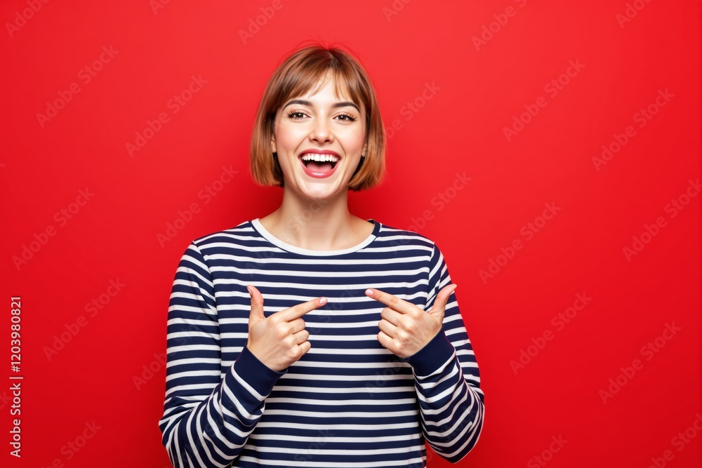 Wall mural Happy woman in striped shirt pointing at herself on vibrant red background.