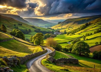 Obraz premium Scenic Road Winding Through Oxnop Ghyll, Yorkshire Dales National Park, England