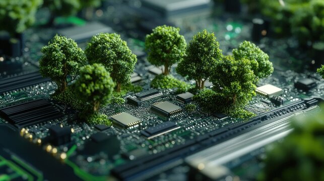 Trees growing on a motherboard showcasing the link between technology and nature
