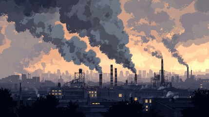 Obraz premium Industrial Landscape with Heavy Pollution and Smokestacks Against an Orange Sky Creating an Urban Silhouette