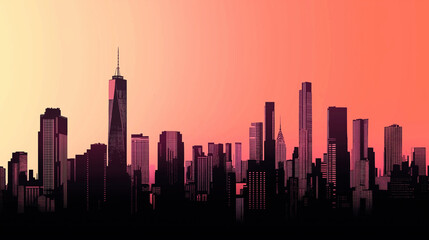 Fototapeta premium A Vibrant Vector Cityscape With Modern Skyscrapers And Urban Buildings, Silhouetted Against A Gradient Sunset Background.Trending Illustration 2025.