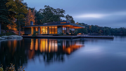 Obraz premium Modern Lake House with Expansive Windows