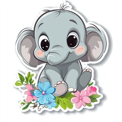 Obraz premium Adorable baby elephant sitting amidst flowers; ideal for children's books
