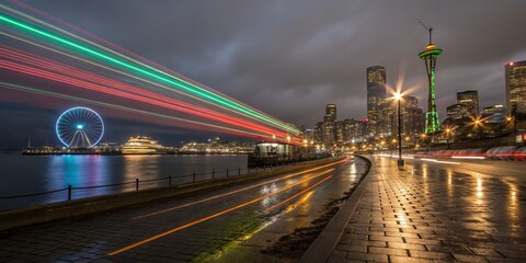 Fototapeta premium Seattle Waterfront Night: Traffic Light Trails & Cityscape