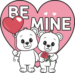 A Valentine's Day theme coloring vector of adults featuring two bears, Valentine’s graphic design for boyfriend or girlfriend, Be Mine Vector Card, happy valentines day