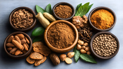 Aromatic spices, herbs, nuts, overhead shot, wellness