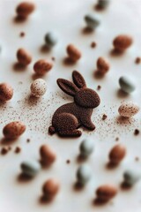 Minimalist Easter Celebration Featuring Decorative Chocolate Rabbit Surrounded by Colorful Candy Eggs and Festive Elements for a Joyful Spring Holiday
