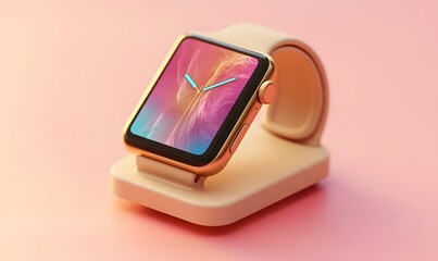 Gold smartwatch on beige stand, pink background.