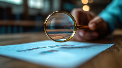 Fototapeta premium Close-up of hand holding magnifying glass over a financial chart for business analysis and data inspection