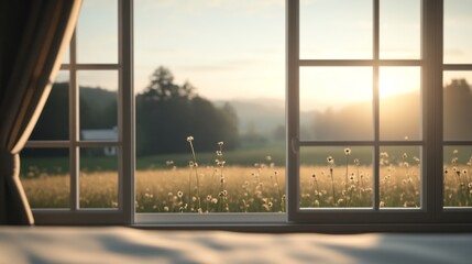 Fototapeta premium Sunrise view through window; serene landscape with wildflowers, hills, and sunlight.